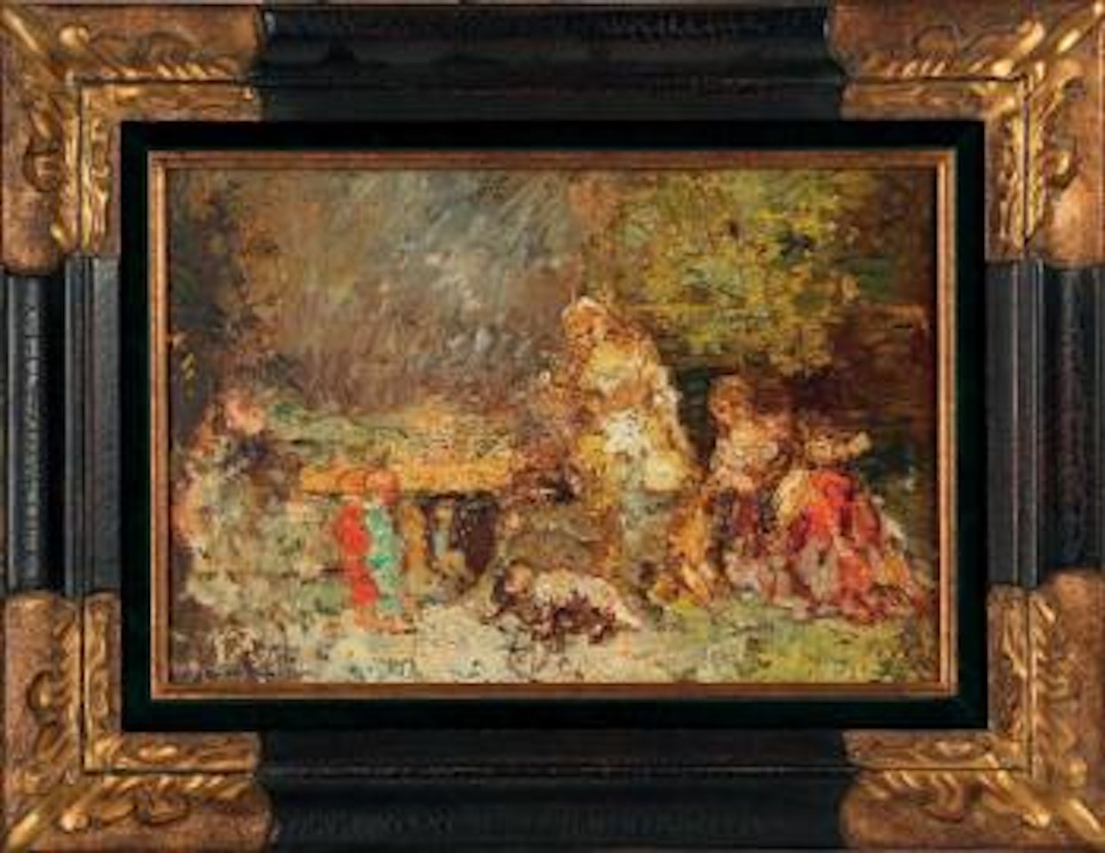 Deux enfants, deux femmes, et chiens dans un paysage by Adolphe Monticelli