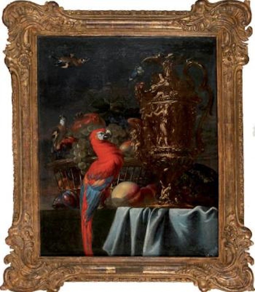 Nature morte au vase d'orfèverie et un ara by Adriaen van Utrecht