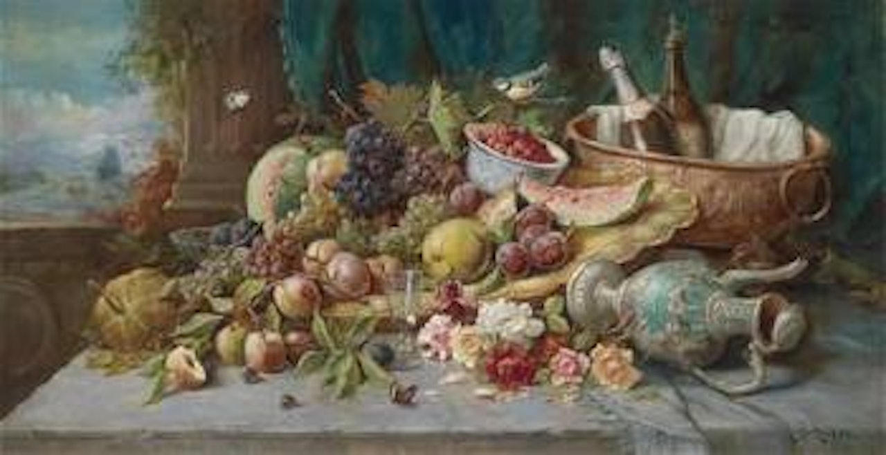 Large Still Life with Fruit and Wine Cooler by Hans Zatzka