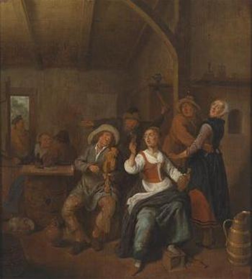 A tavern interior with figures celebrating by Jan Miense Molenaer