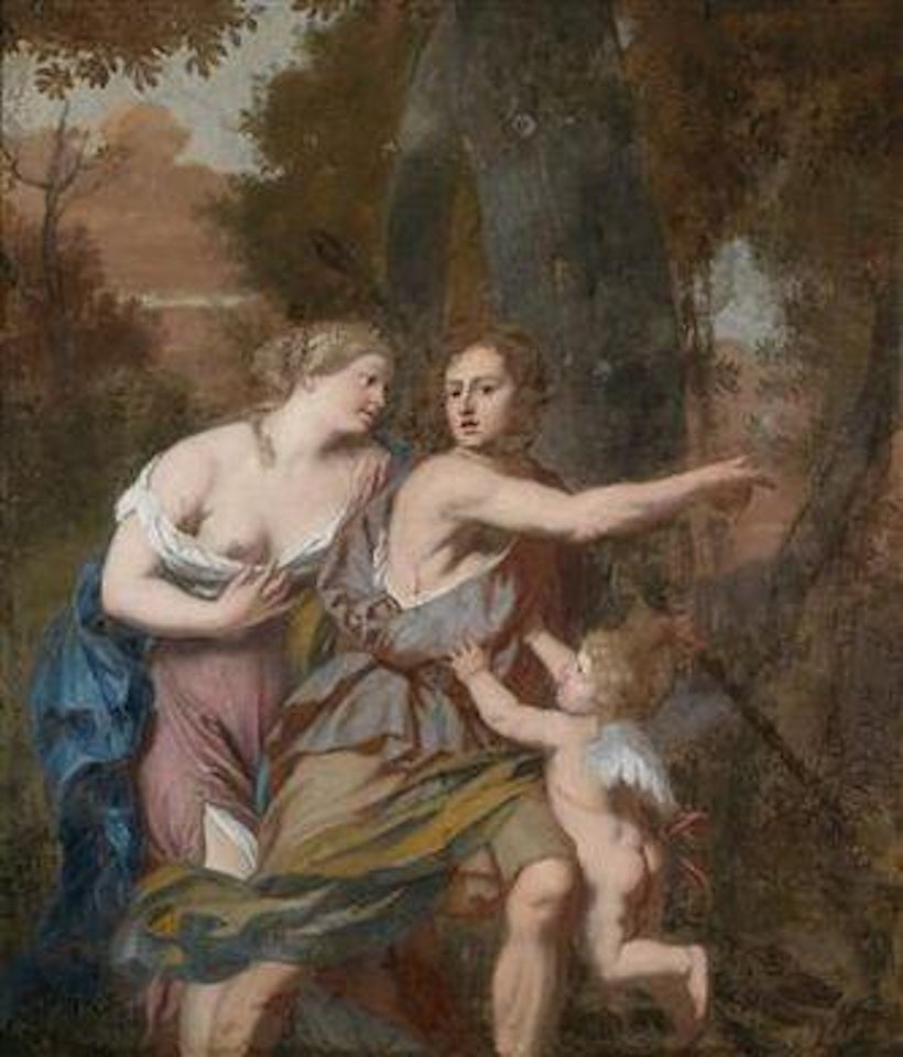 Venus attempting to keep Adonis from setting out for the hunt by Dutch School