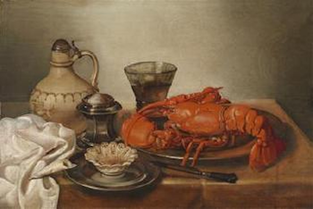 Still life with a boiled lobster, a glass and various vessels by Jan Pauwel Gillemans