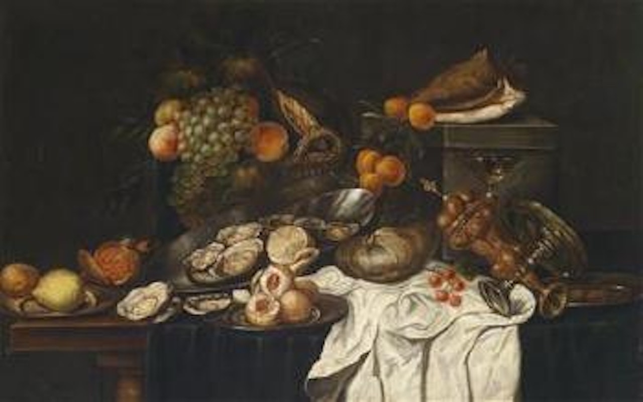 A banquet with fruit, oysters and overthrown luxurious vessels by Willem Claesz Heda