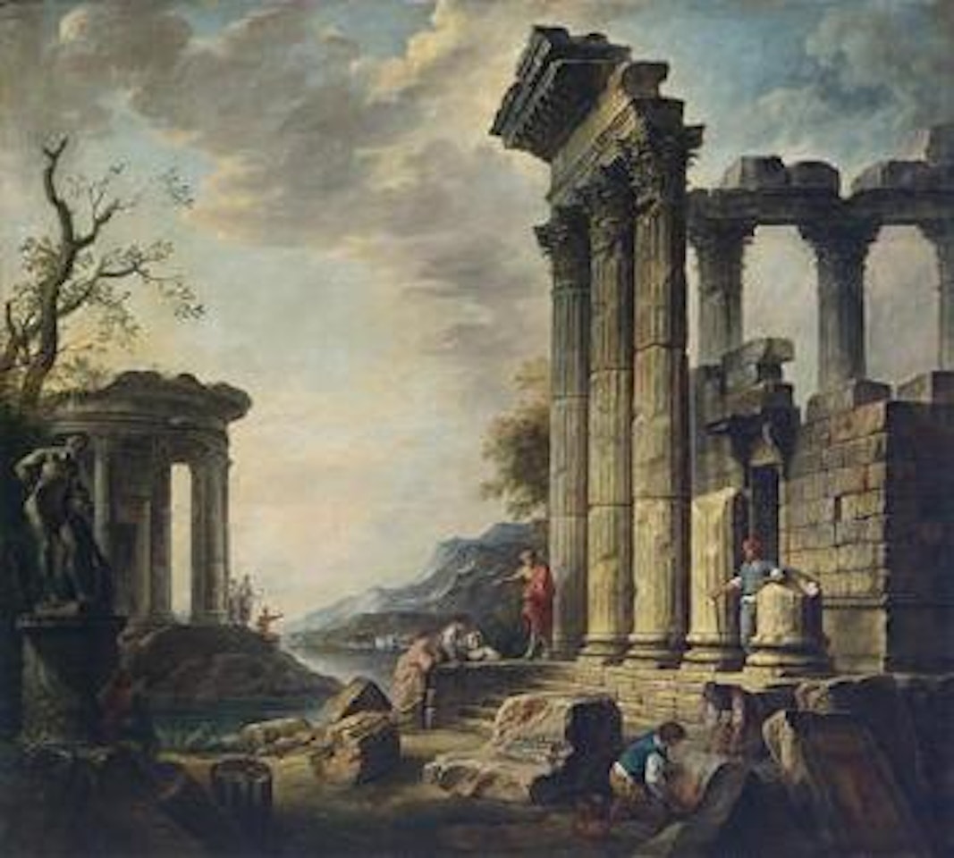 A ruined landscape with an antique temple and a statue of Hercules by French School