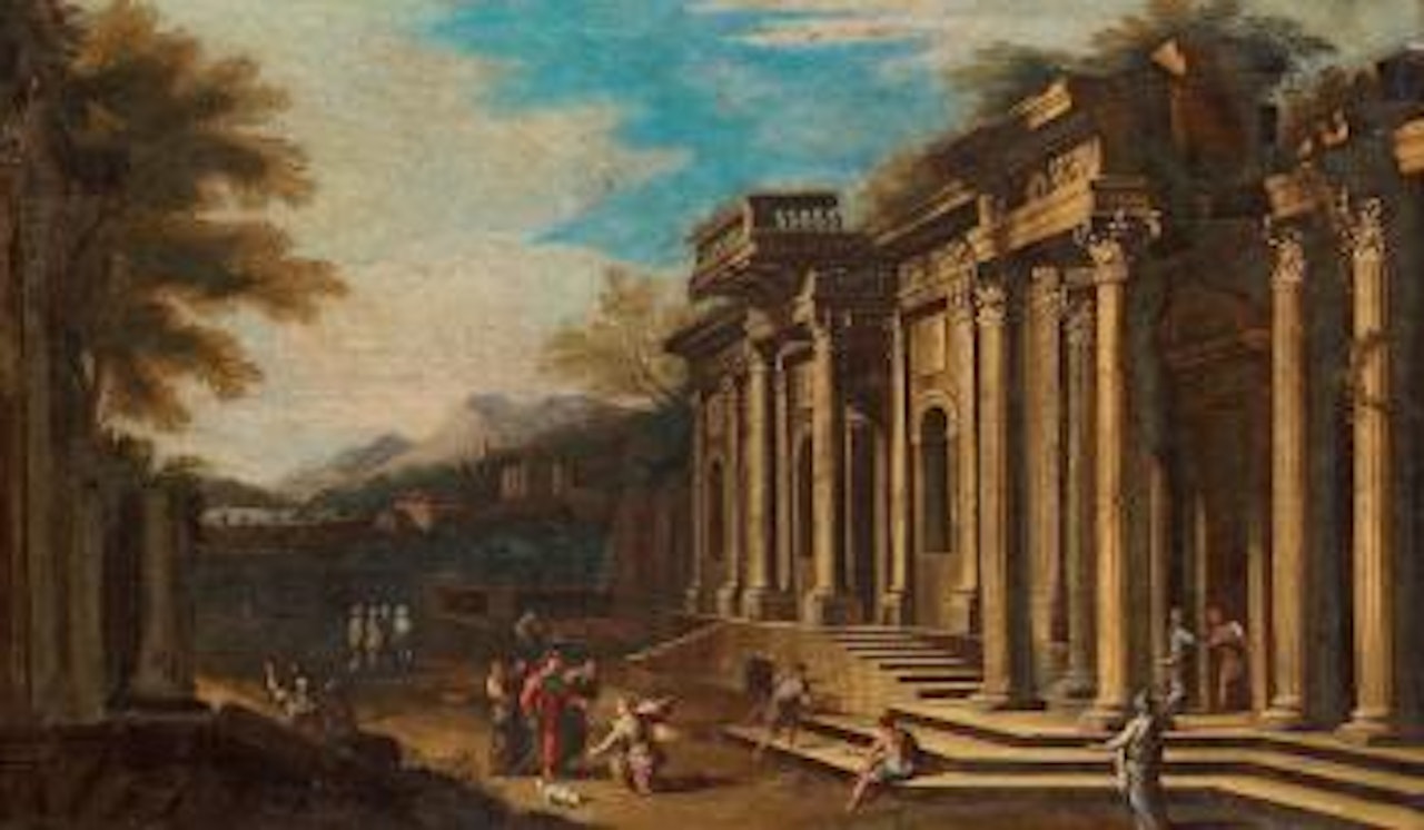 Landscape with ruins and Jesus with the woman taken in adultery by Giovanni Ghisolfi