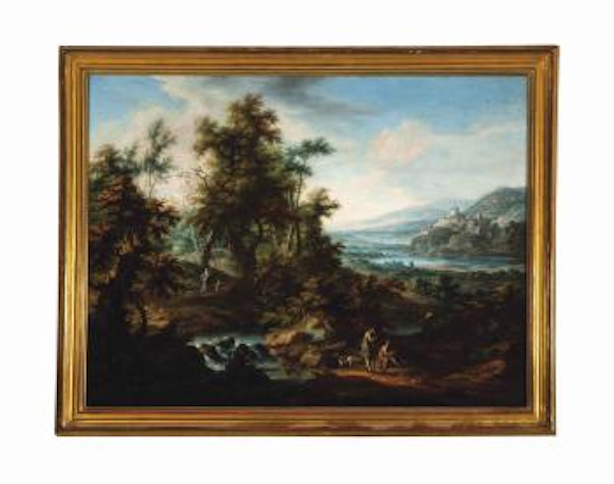 Travellers resting along a stream amongst a vast landscape; and a companion painting by Francesco Zuccarelli