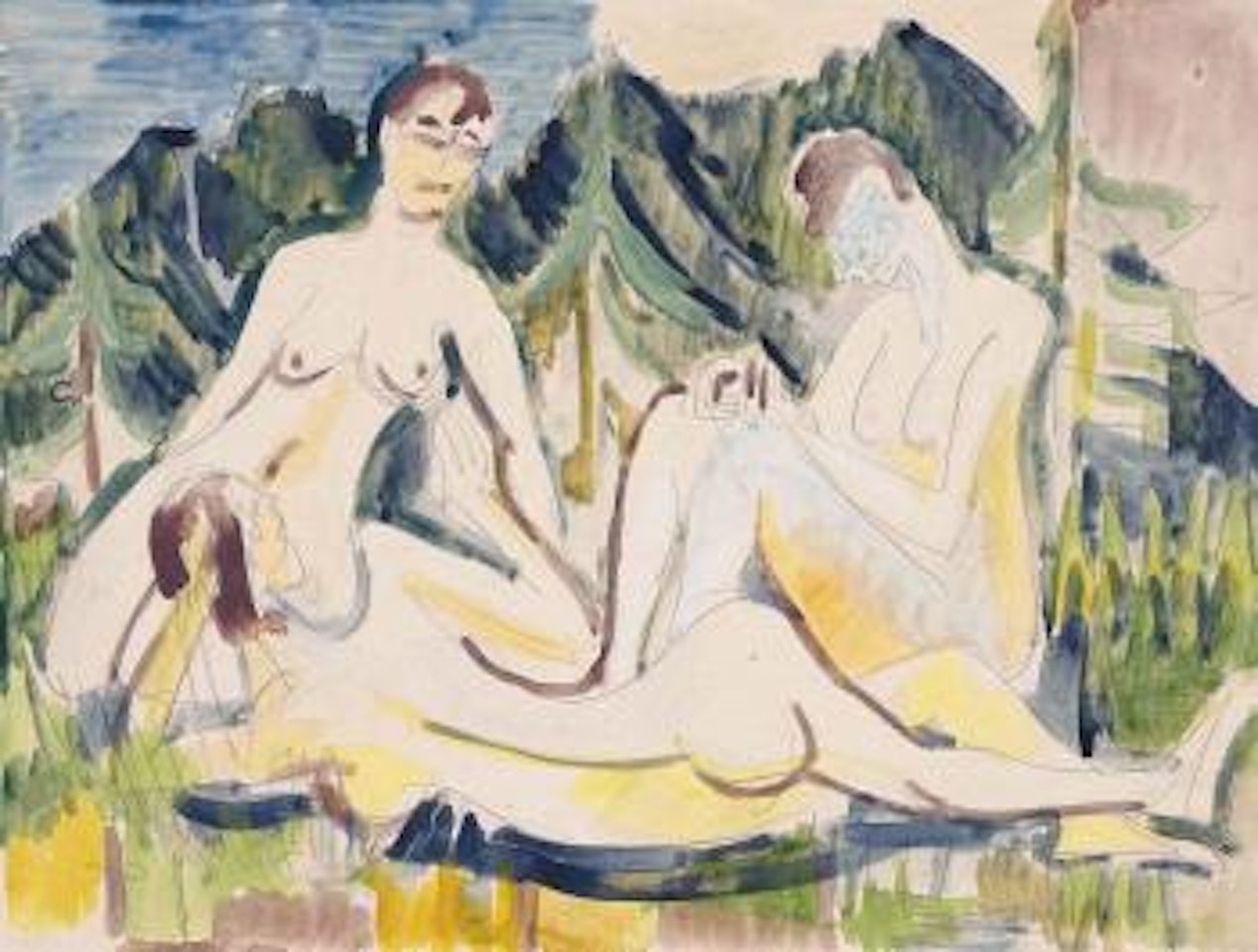 Drei Akte auf Waldwiese (Drei weibliche Aktfiguren im Wald) by Ernst Ludwig Kirchner