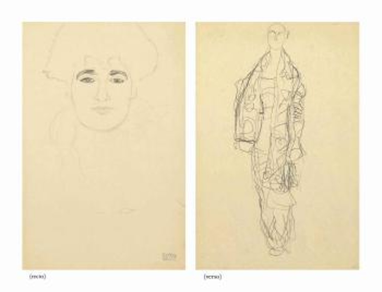 Bildniskopf von vorne (recto); Stehende Dame mit Umhang (verso) by Gustav Klimt