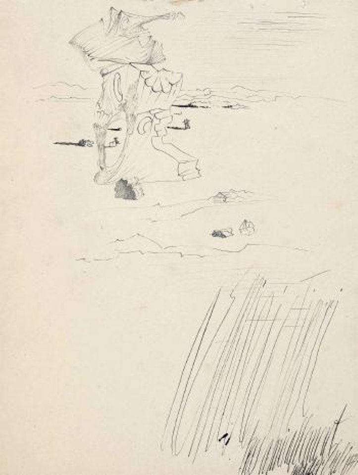 Évocation d'un crâne, rocher, jeune fille au cerceau et trois personnages by Salvador Dali