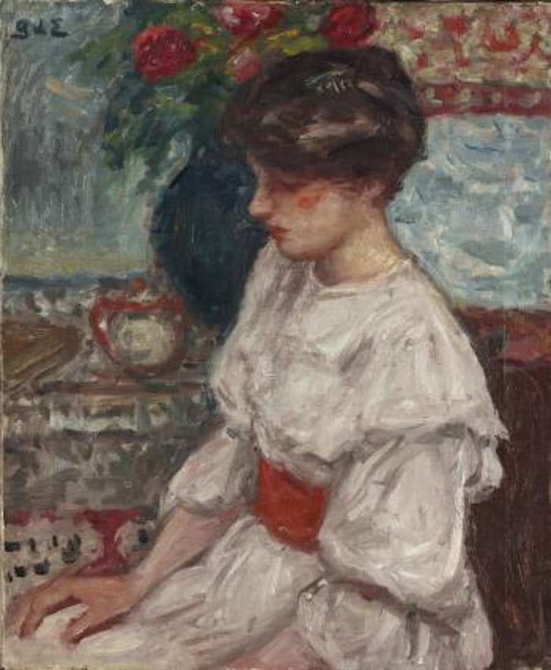 Portrait de jeune fille à la robe blanche et à la ceinture rouge by Georges d’Espagnat