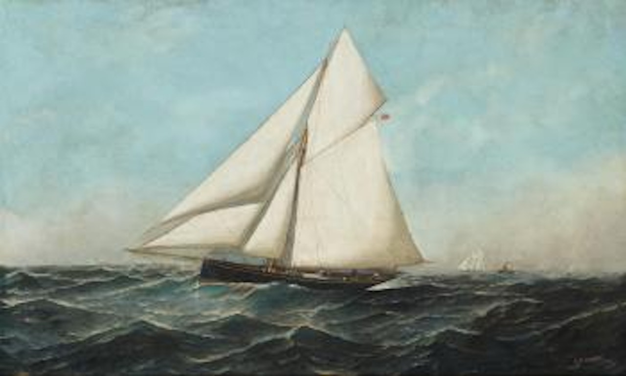 The British America's Cup challenger Genesta at sea flying the burgee for the Royal Yacht Squadron and the British red "duster" by Antonio Jacobsen