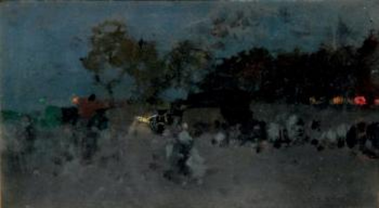 Scène de campement de bohémiens à la nuit by Luigi Loir