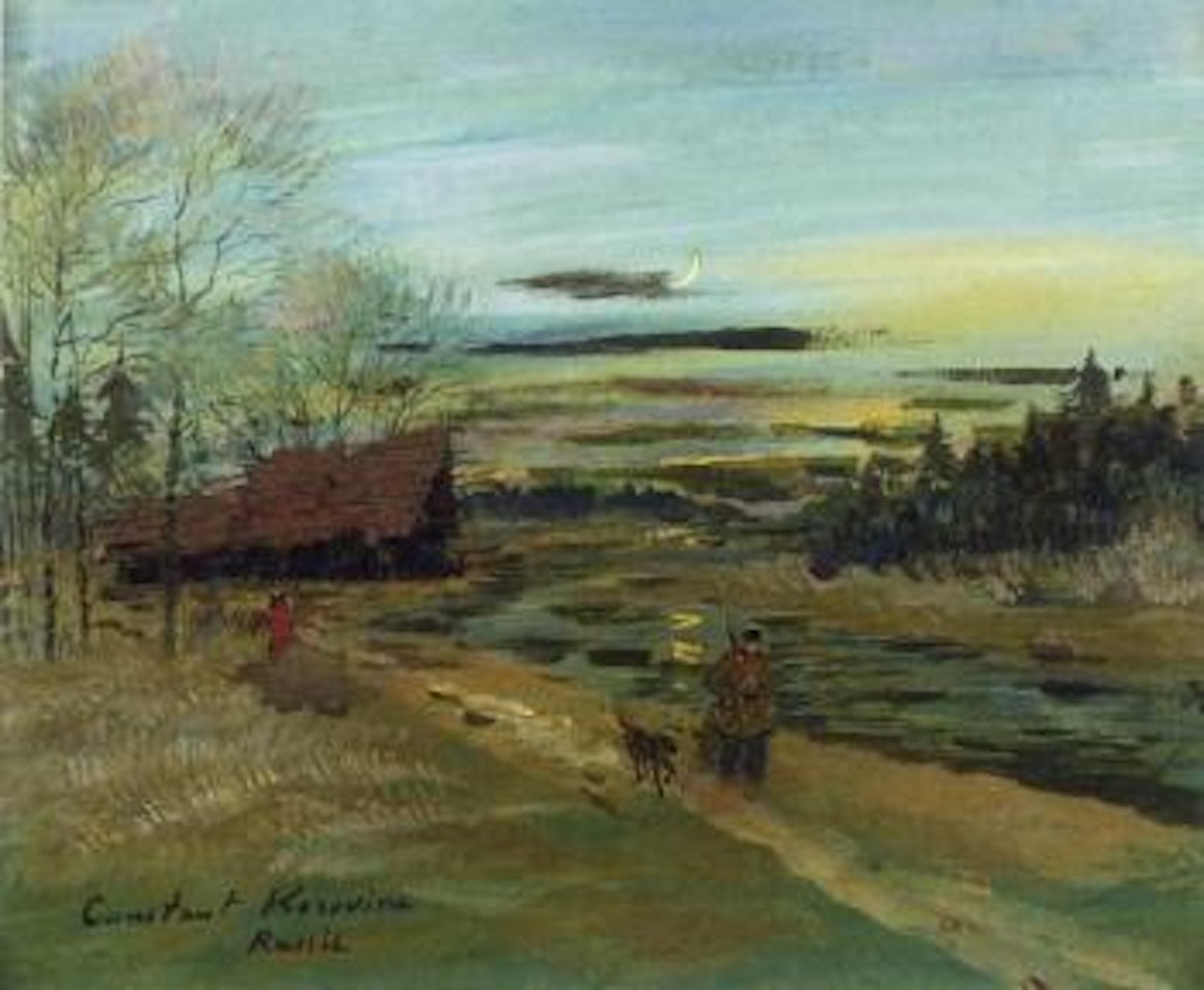 Russie, retour du chasseur et de son chien à la tombée du jour by Konstantin Alekseevich Korovin