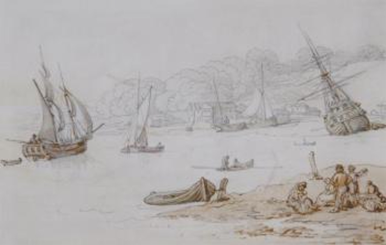 Coastal scene with fisherfolk and boats by the shore by Thomas Rowlandson