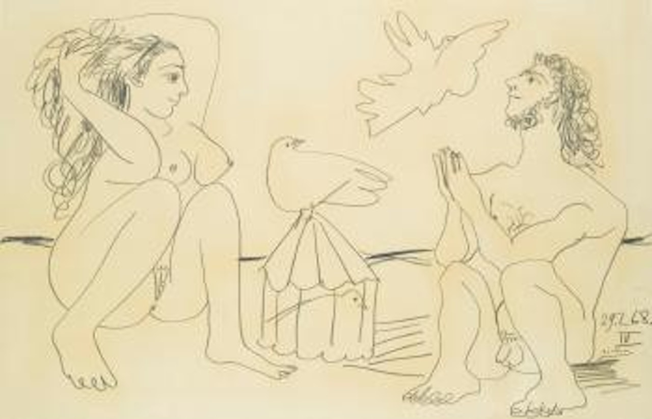 Homme Et Femme Nus Assis Aux Colombes by Pablo Picasso