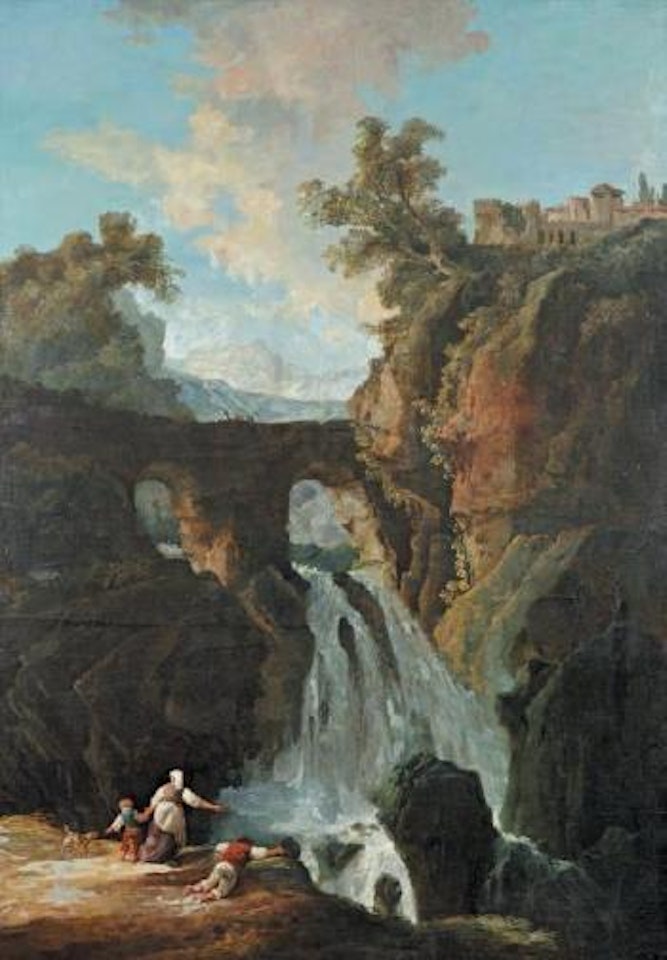 La grande cascade: trois personnages et leur chien au bord d'un torrent by Hubert Robert