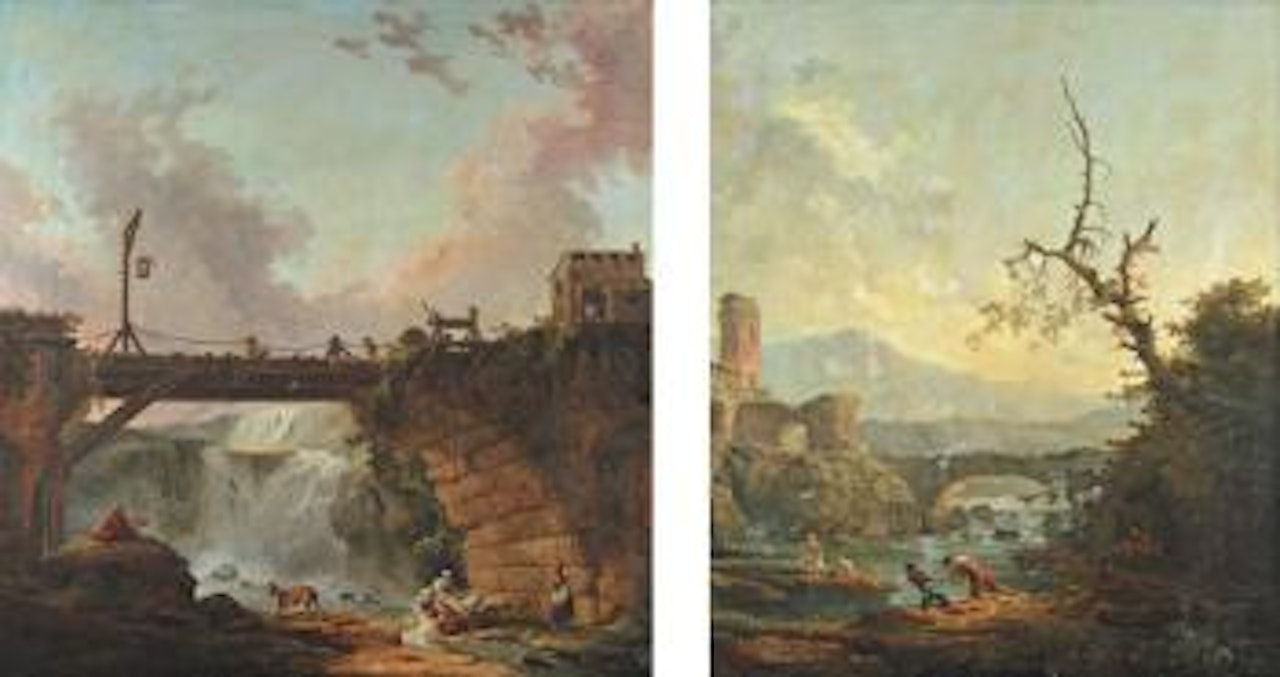 Le pont de bois: paysage de cascade en Italie. Le pont de pierre: paysage de rivière en Italie avec une petite chute d'eau by Hubert Robert