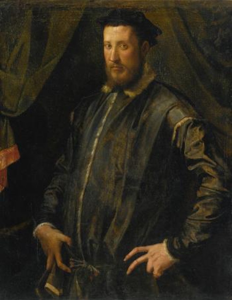 Portrait Of a Man, Half Length, Standing Before a Curtain by Francesco Salviati