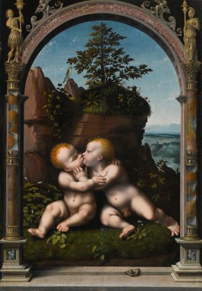 The Infant Christ And Saint John The Baptist As Children Embracing In a Landscape, Surrounded By a Classical Archway by Joos van Cleve