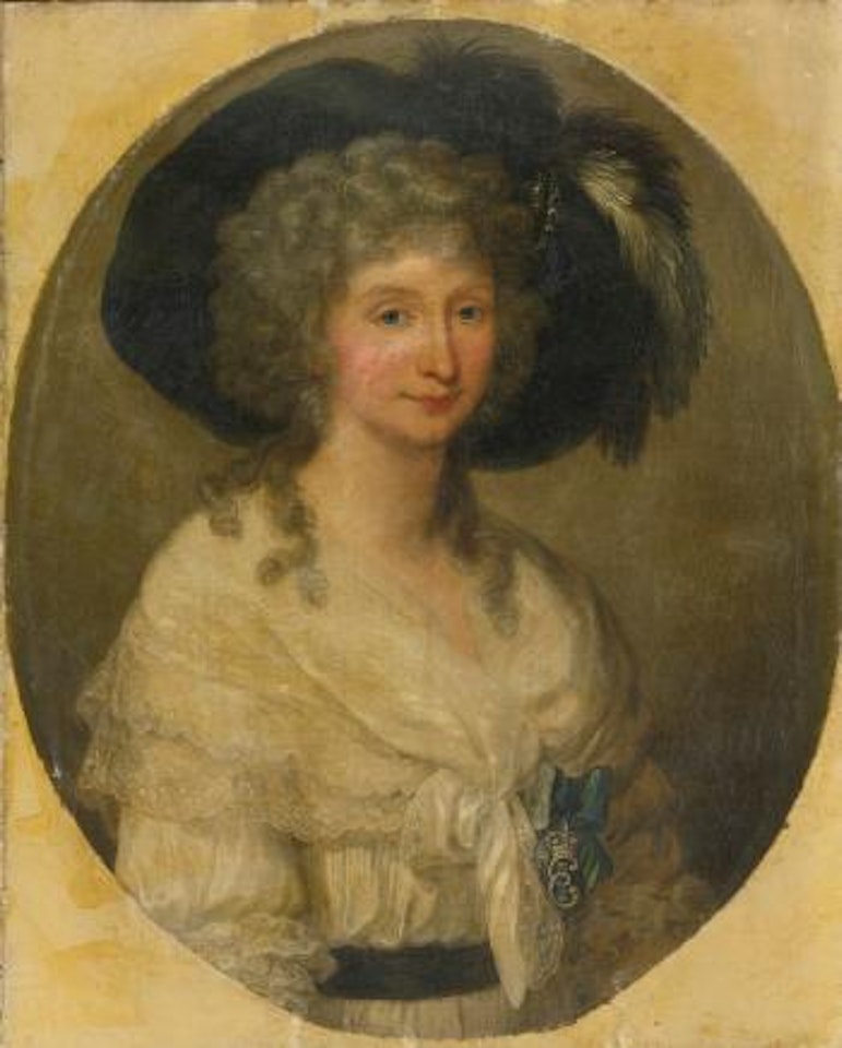 Portrait Of Baroness Von Bauer, Half Length, Wearing a White, Lace Dress And a Black Hat by Angelica Kauffmann