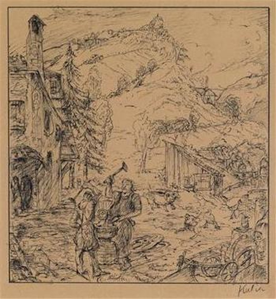 Two Blacksmiths at the anvil in a rural idyll by Alfred Kubin