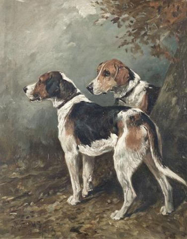 Two Foxhounds in a landscape by John Emms