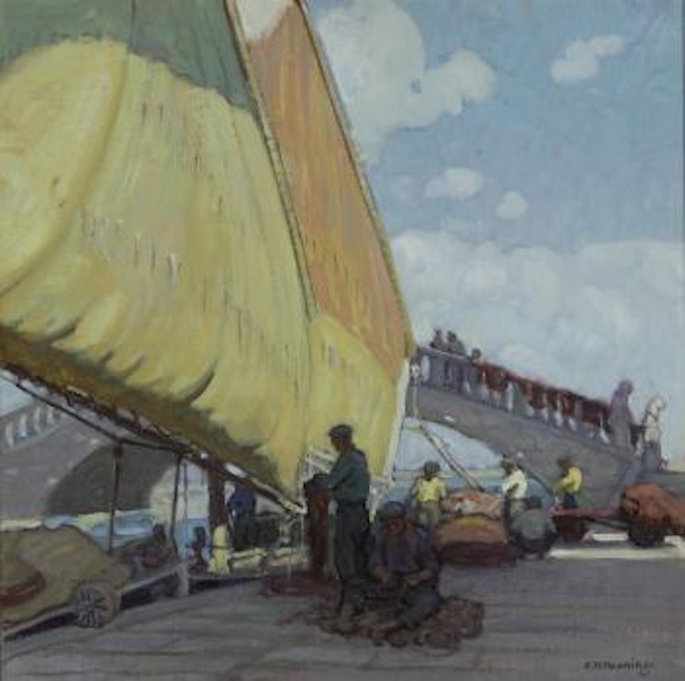 Fishermen mending nets, Port of Vigo, Spain by Ernest Martin Hennings