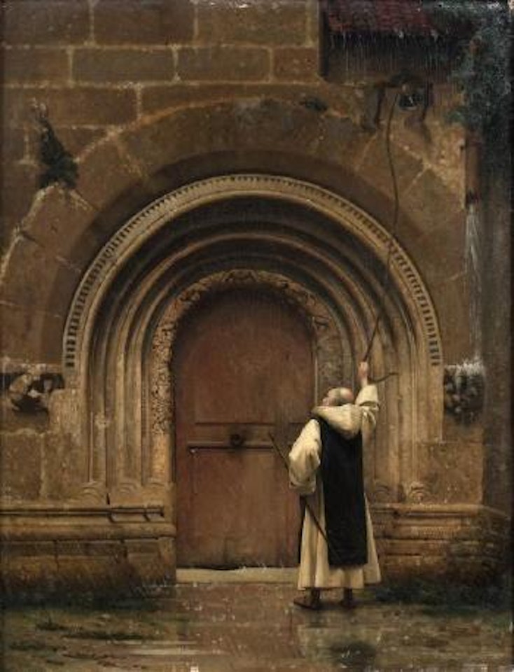 Moine sonnant la cloche du monastère sous la pluie by Jean Léon Gérome