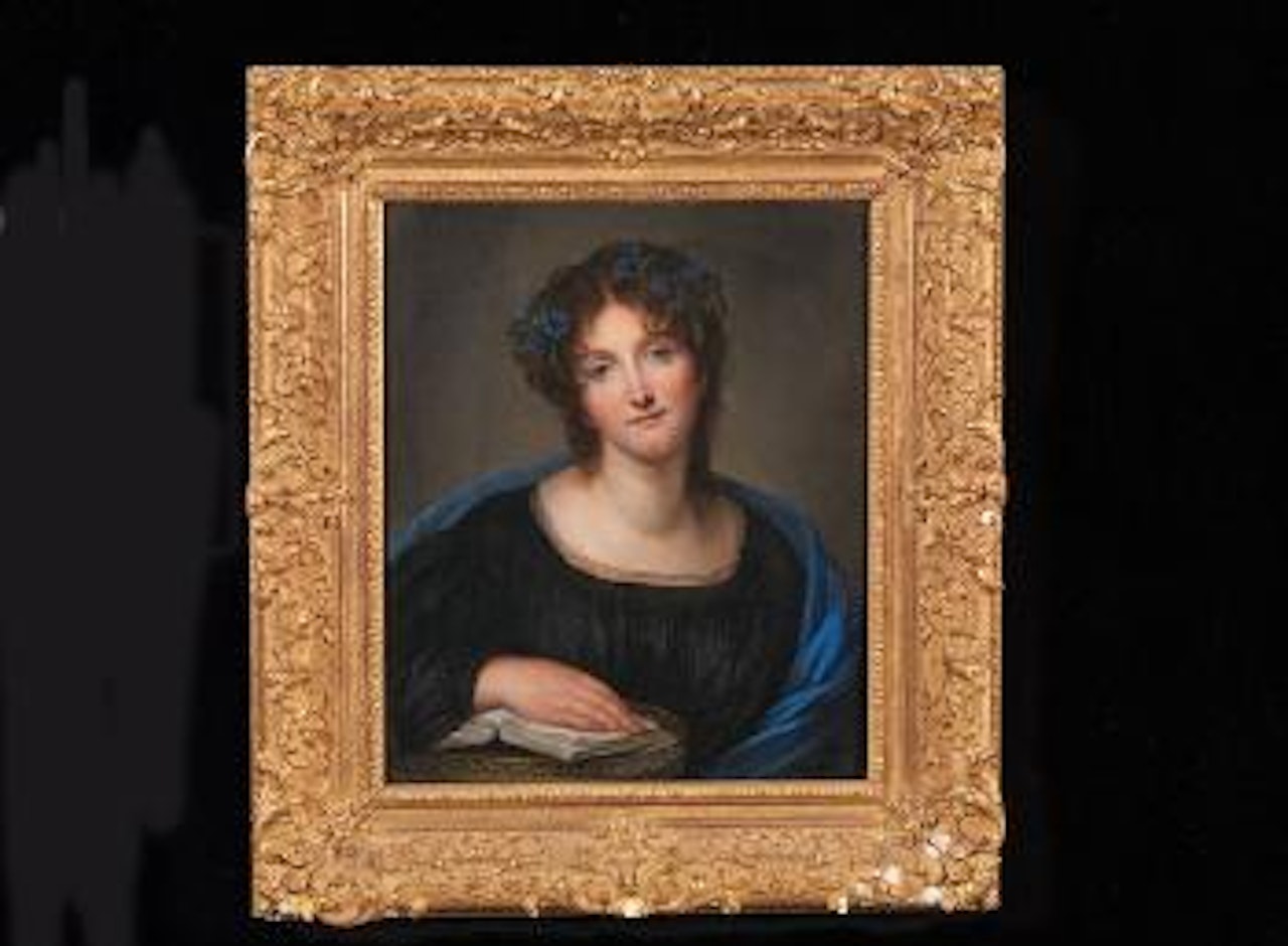 Portrait de jeune femme au châle bleu, des œillets dans les cheveux by Jean-Baptiste Greuze