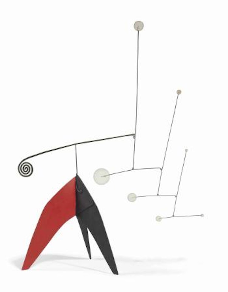 Seven White Dots, Brass Spiral, On Black And Red by Alexander Calder