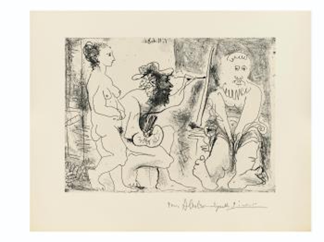 Peintre Au Chapeau Avec ModÃ¨le Barbu Et Spectatrice Nue by Pablo Picasso