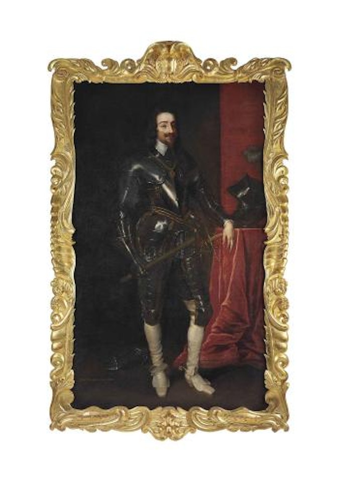 Portrait of King Charles I, standing full-length, in armour, holding a baton, by a draped table with a helmet by Anthony van Dyck
