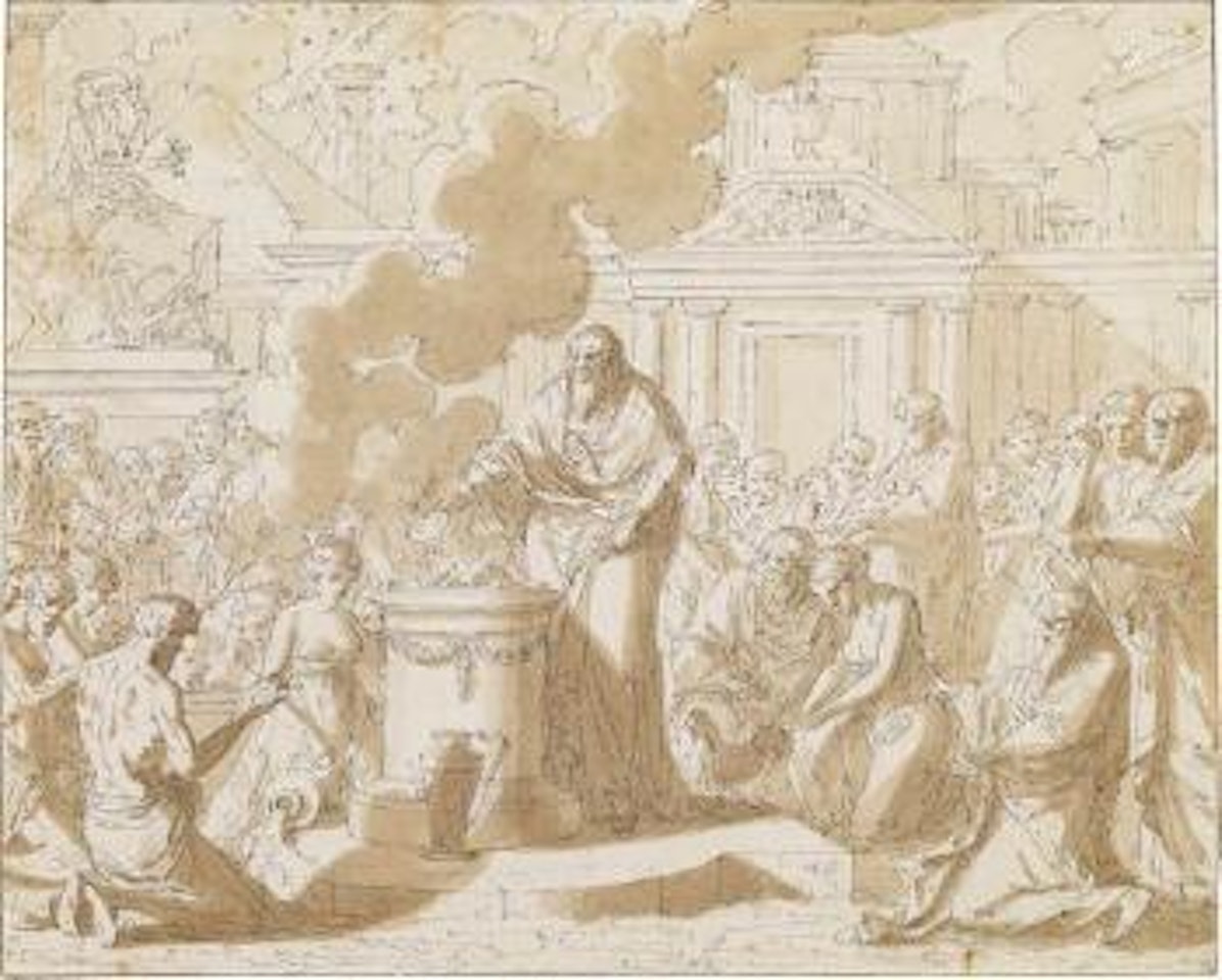 A classical scene with figures gathered around a sacrificial altar by Louis-Félix de la Rue