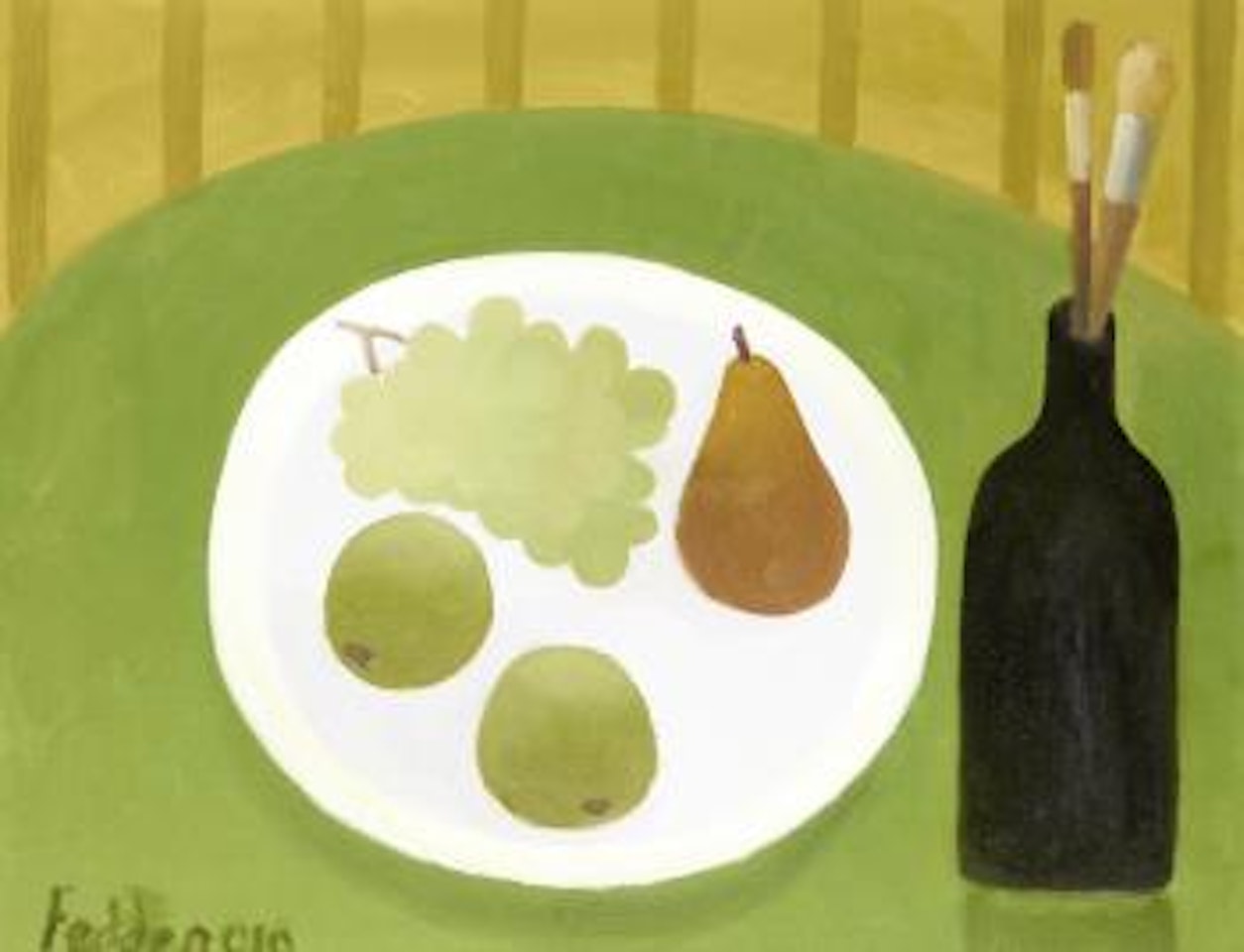 Still life with black bottle and plate of fruit by Mary Fedden