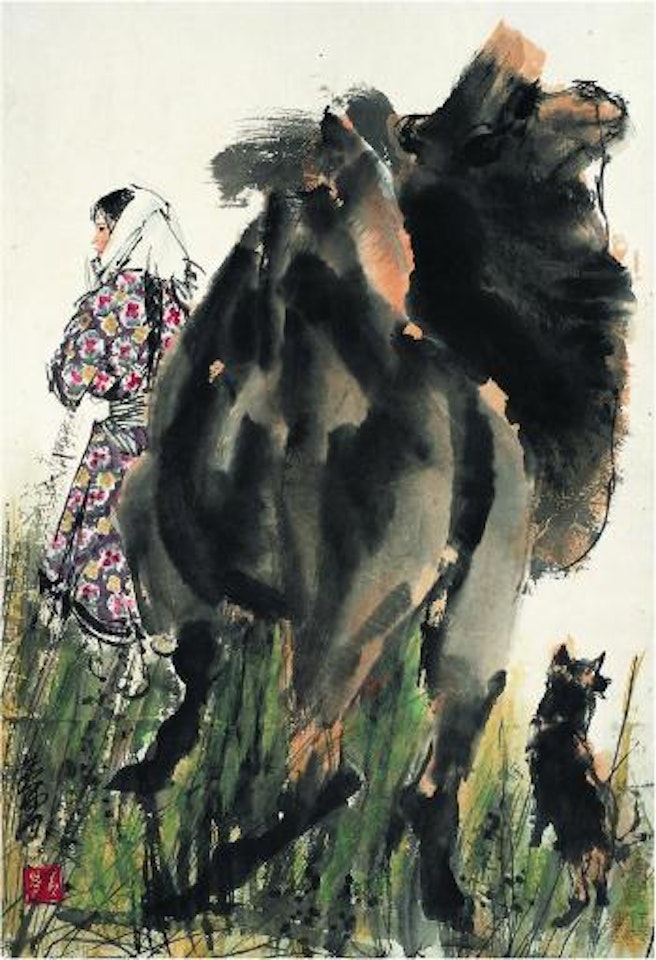 Girl, Camel And Dog by Huang Zhou