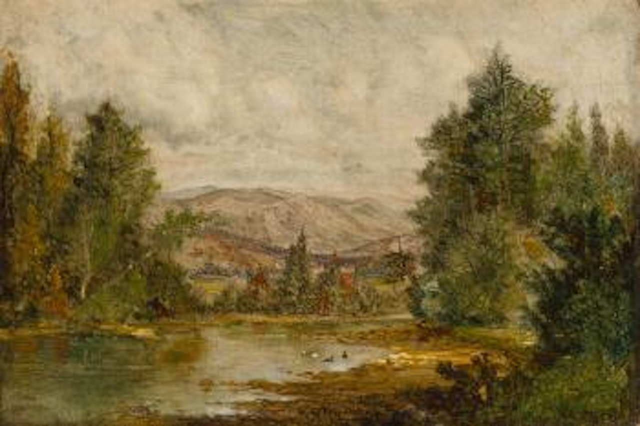 River through a forest with hills beyond by Willard Leroy Metcalf