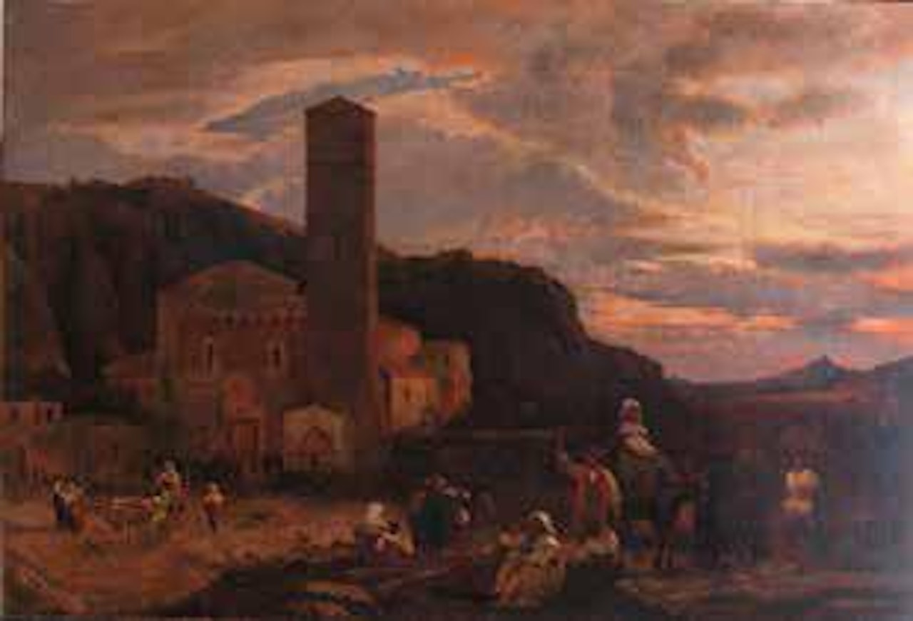 Paesaggio con chiesa e viandanti in abiti tradizionali by Oswald Achenbach