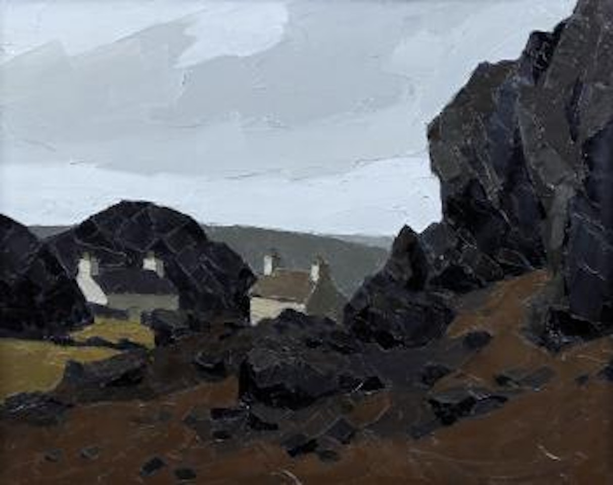 Welsh landscape with rocks, cottages and hillsides by Kyffin Williams