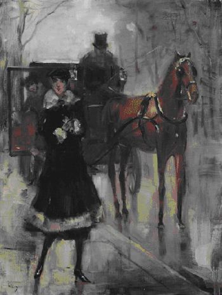 Dame, Einer Droschke Entsteigend by Lesser Ury