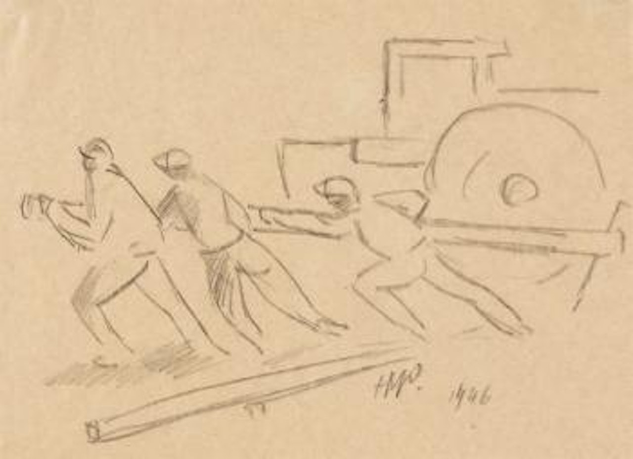 Drei Männer am Wagen by Max Pechstein