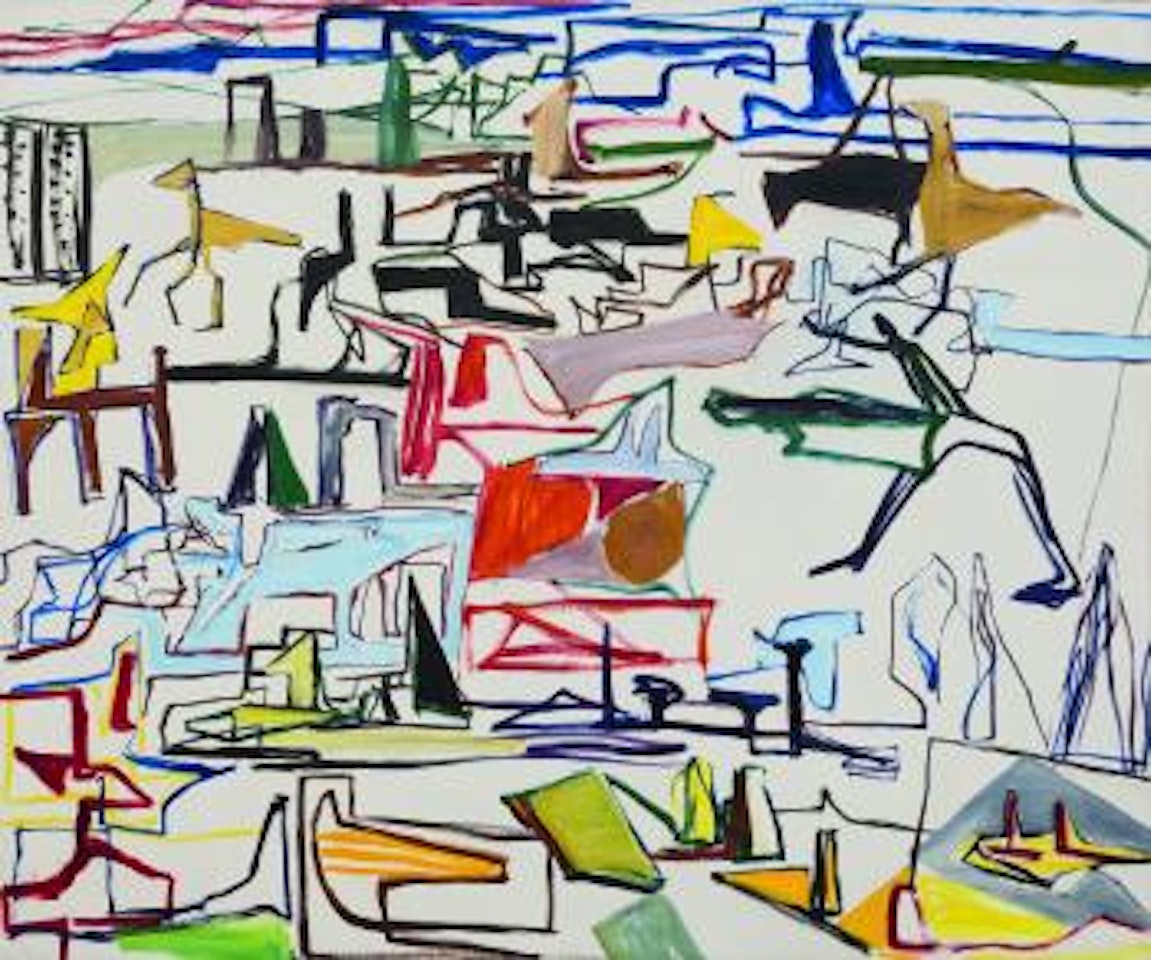 Abstract Landscape with Green Figure with Yellow and Black Chooks by Kenneth Ronald Whisson