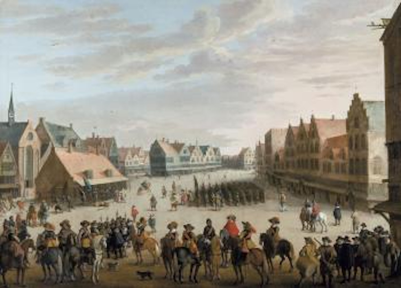 De afdanking van de waardgelders op de Neude te Utrecht op 31 juli 1618 by Joost Cornelisz Droochsloot