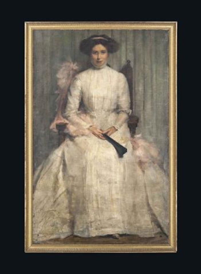 Portrait of a lady, full-length, seated, in a white dress with a fan by English School