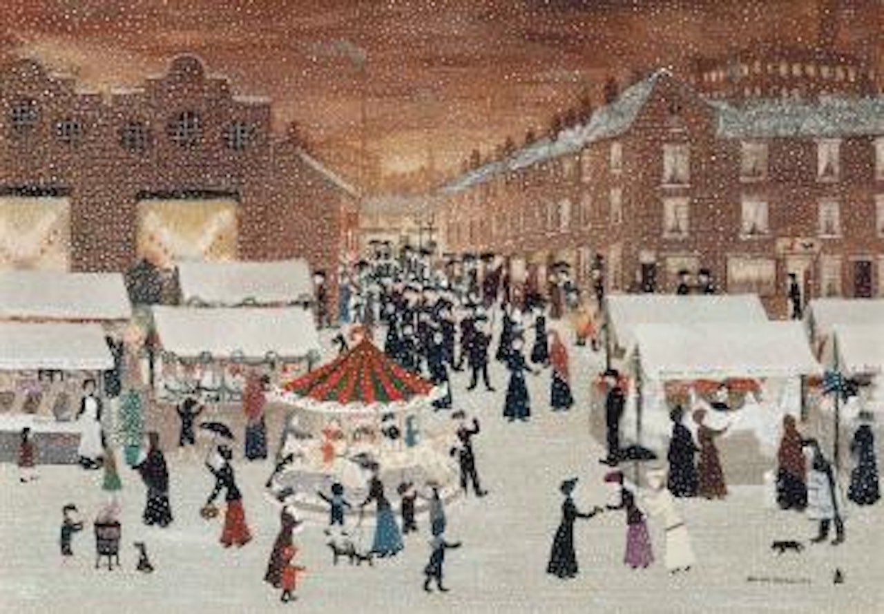 Oldham market in the snow on Christmas Eve by Helen Bradley