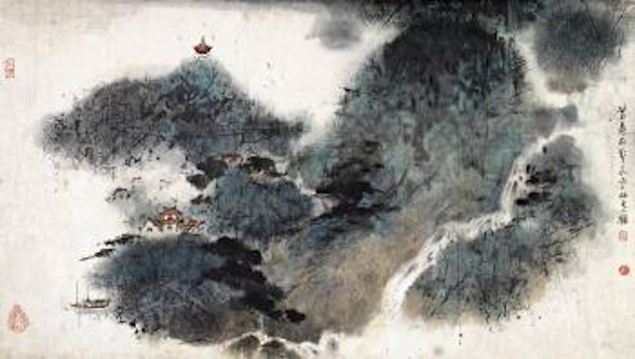 Pavilions beside lake by Zheng Naiguang