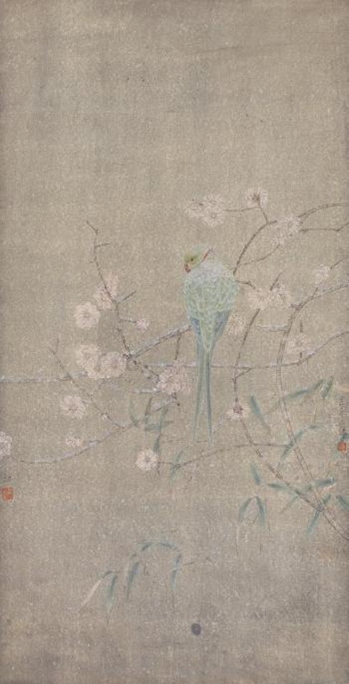 White plum and parrot by Jiang Hongwei