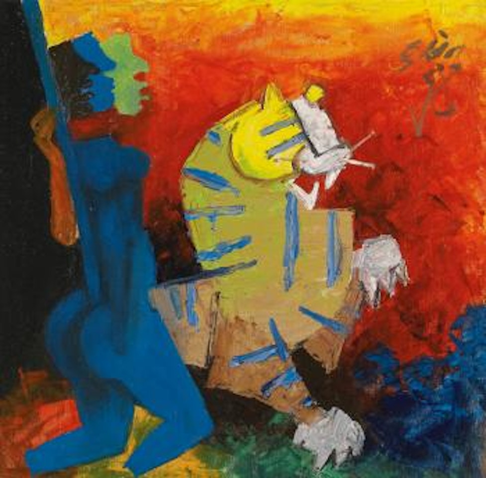 Untitled (Blue Figure And Tiger) by M.F. Husain
