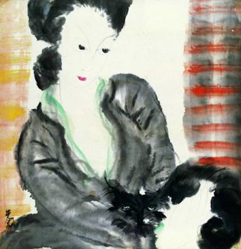 Lady in Waiting Petting a Cat by Lin Fengmian