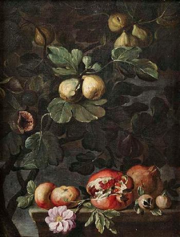 Stilleben mit Feigenbaum sowie Äpfeln, Rose und Granatäpfeln auf einem Steinpodest. Stilleben mit Weinstock sowie Äpfeln, Blüten und Birnen auf einem Steinpodest by Abraham Brueghel