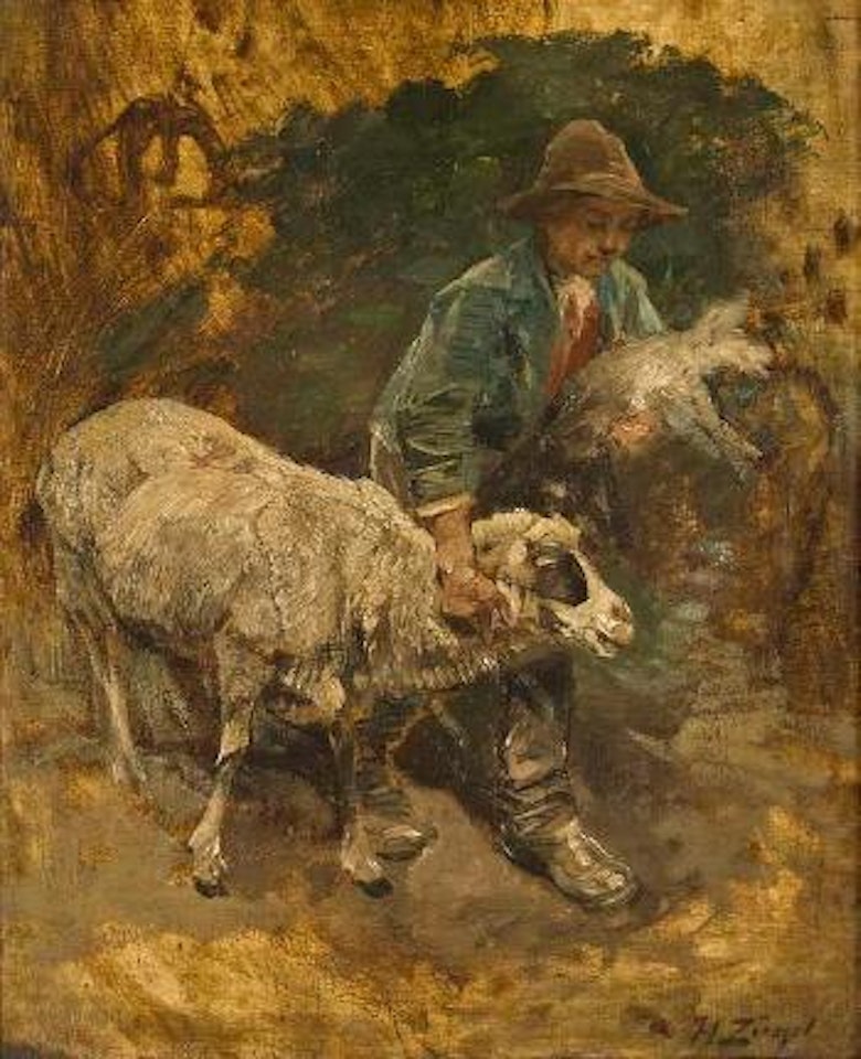 Schäferjunge mit Lämmchen und Schaf by Heinrich von Zugel